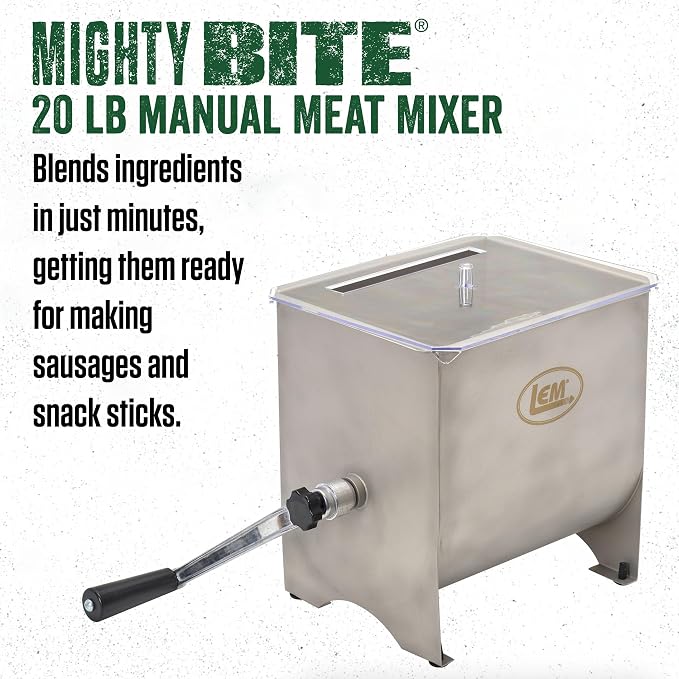 LEM Products MightyBite Manual Meat Mixer, 20 lb Stainless Steel Meat Mixer for Ground Beef, Sausage Making, Kitchen Meal Prep, Hand-Crank Food Mixing for Home Use