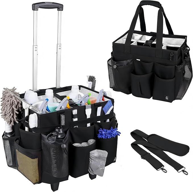 Extra large Rolling Cleaning caddy bag Built-in Hard Support Board,Cleaning Cart with Detachable Trolley, Housekeeping Cleaning caddy with Adjustable Shoulder Strap and Multiple Storage Pockets