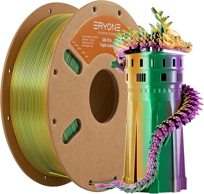 ERYONE Silk Tri Color PLA Filament 3D Printer 1.75mm +/- 0.03mm, Multicolor Filament Tricolor PLA 1KG(2.2lbs) Cardboard Spool, Green Purple Yellow