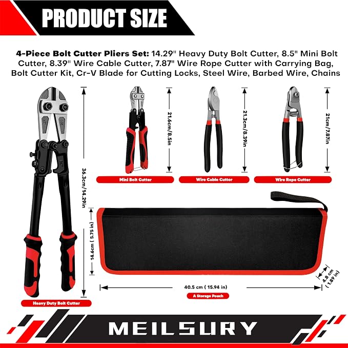4-Piece Bolt Cutter Pliers Set, 14" Heavy Duty Bolt Cutter, 8" Mini Bolt Cutter, 8" Wire Cable Cutter, 8" Wire Rope Cutter for Cutting Chains, Steel Wire, Locks - Storage bag Included