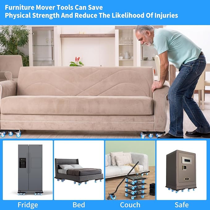 Heavy Duty Furniture Dolly 360° Rotating 5 Blue Wheels, Alloy Steel Furniture Movers Up to 3000 lbs/1360 Kg Load Capacity with Measure Tape and Leveler (5.3x5.3 in)