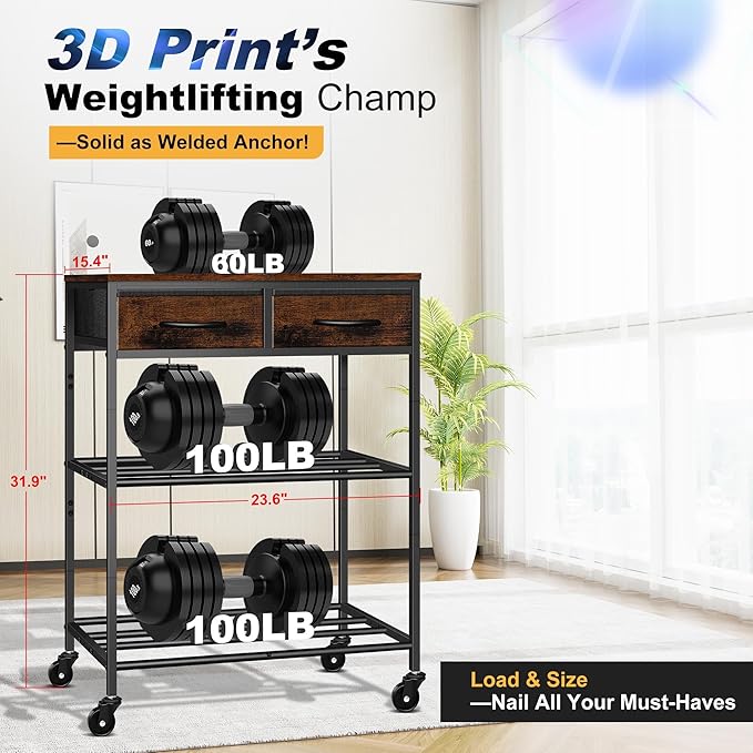 3D Printer Filament Storage Rack with Drawers, 3Tier Metal Filament Spool Holder with Wheels, 3D Printer Filament Stand for PLA/ABS/TPU/Nylon, Filaments Organzied for Workshop Studio Office, Brown