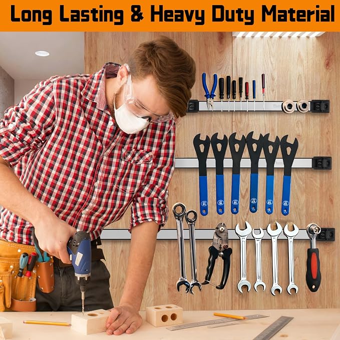 18" Magnetic Tool Holder Strip, 4 Pieces Silver Metal Tool Organizer Rack with Stainless Steel Surface, Magnet Bar for Garage Workshop, Easy To Install with Mounting Screws