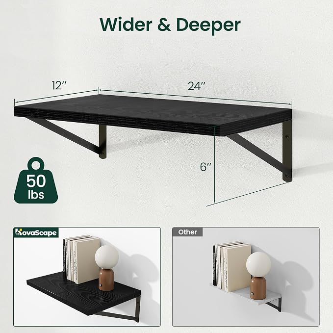 Floating Shelves 12 Inch Deep, 16W x 12D Wall Shelf Set of 2, 35 lbs Heavy Duty Reversible Metal Brackets, Deep Industrial Book Shelf for Living Room Kitchen Bath Bedroom Coffee Bar, Black