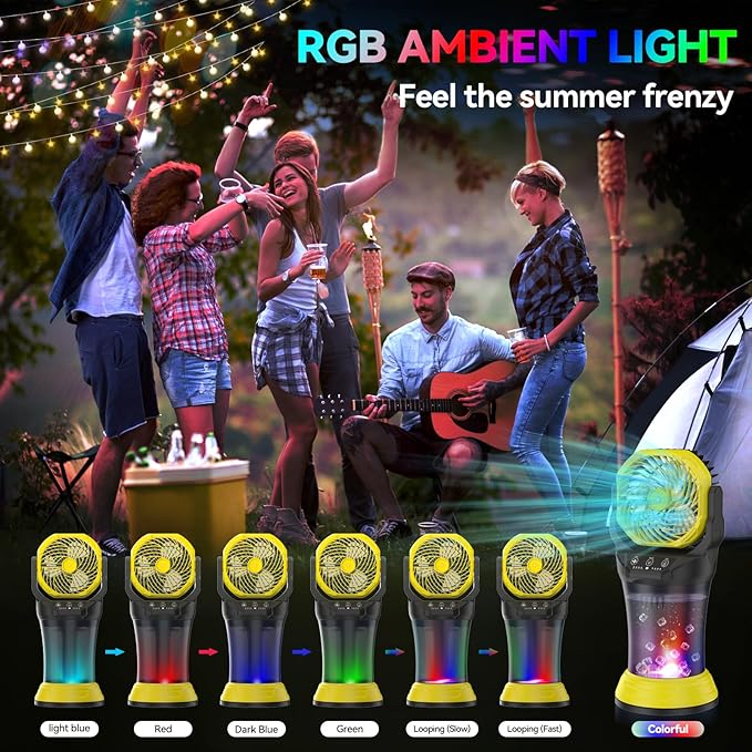 Wilody Misting Fan Portable Battery Powered, Camping Fan with RGB Ambient Light with 2L Bucket, Battery Indicator, 120° Auto Oscillating, Timing Function, Grip Handle(Yellow)