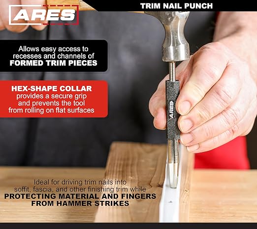 ARES 10115 – 6-Inch Trim Nail Punch – Black Nail Punch Drives Trim Nails While Protecting Finish and Hands – for Use with Trim Nails Up to 1-1/4-Inch (31.2mm)