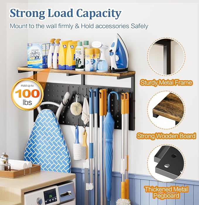 VINAEMO Wall Mounted Ironing Board Hanger with Pegboard and Yoga Mat Holder