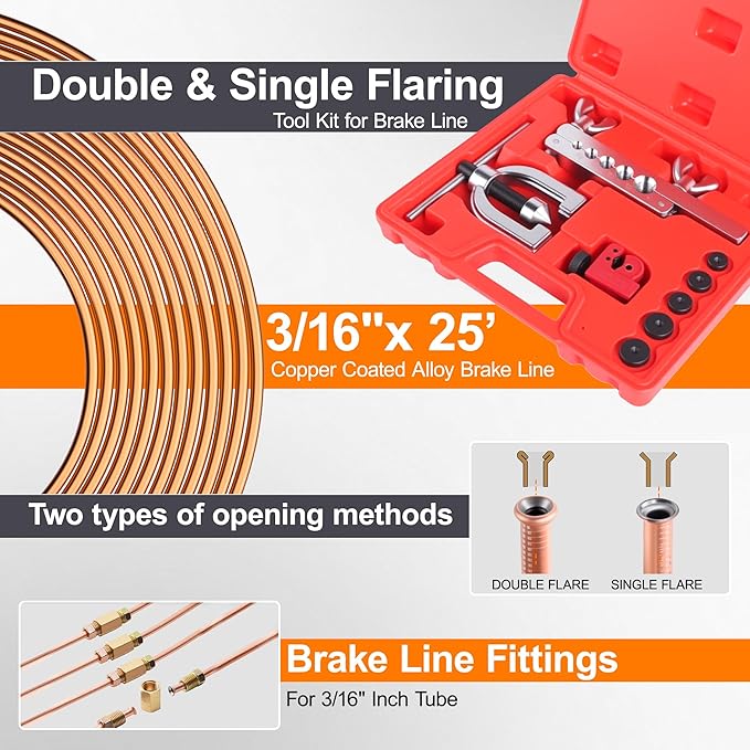 3/16" Brake Line Repair Kit, Double & Single Brake Line Flaring Tool Kit + 2 Set 25ft 3/16 Inch Brake Line with 100 Pcs Fittings(8 Unions Included) + Brake Line Bender