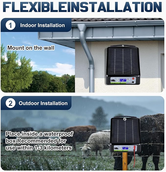 20 Miles Solar Electric Fence Charger, Adjustable Output Voltage: 6/8/10/12kV, 2J Solar Powered Electric Fence Charger Supports Battery/Solar/AC Power,Ideal for Livestock/Garden/Yard/Farm Protection