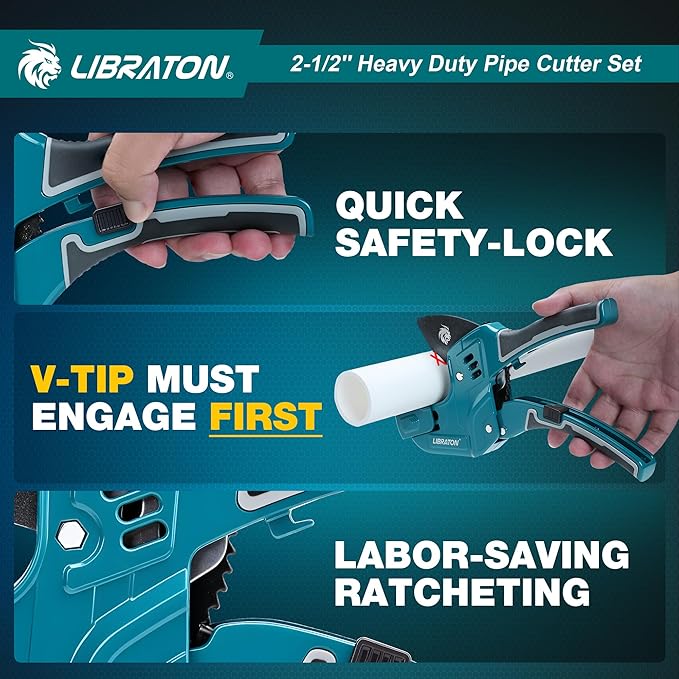 Libraton PVC Pipe Cutter, Up to 2-1/2", Ratchet Pipe Cutter Tool for PEX, PVC, PPR Plastic Hoses Plumbing, Heavy-Duty Pipe Cutter with Deburring Tool Replacement Blade, 2 Adjustable Cutting Ranges