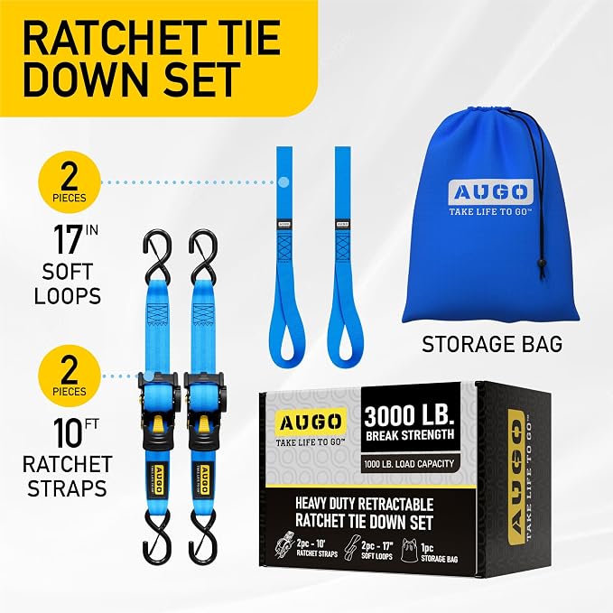 AUGO Retractable Ratchet Straps | 2 Heavy Duty Ratchet Straps Self Retractable Tie Downs with Soft Loops & Storage Bag for Motorcycle, Truck, Trailer, Cargo Van | 3000 Lb Break Strength 2” x 10’