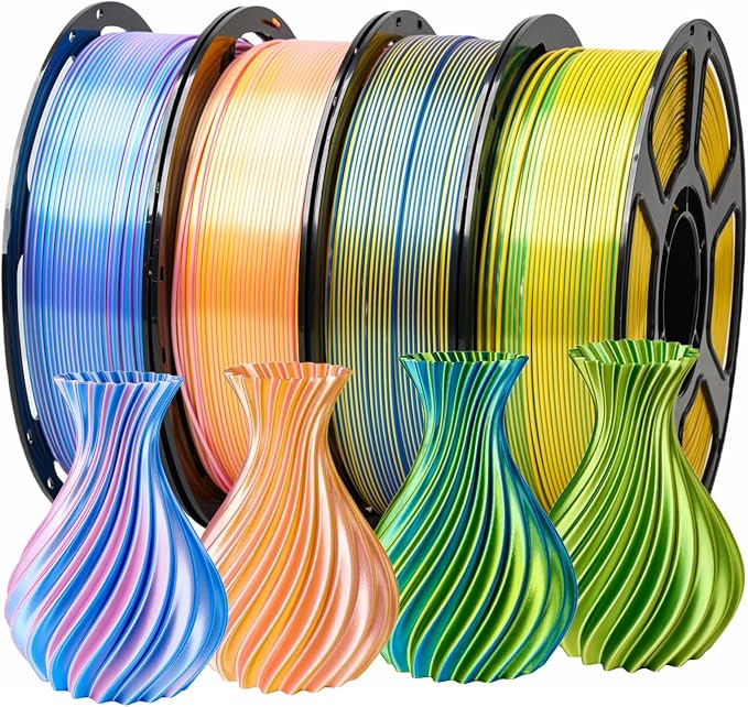 4KG Silk Dual Color Filament Bundle, Shiny 3D Printer Filament 1.75mm Bulk, Dimensional Accuracy +/- 0.02mm, Individually Vacuum Packed, Bicolor PLA Filament Pack, 1KG/Roll, 4 Rolls
