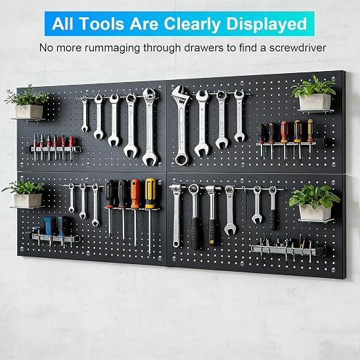 Metal Pegboard Panels 4 Pack, 24" x 12" | Heavy Duty Rust-Proof Wall Board Panels, Sturdy Steel Storage Pegboard for Garage, Workshop & Craft Room Organizer, Black