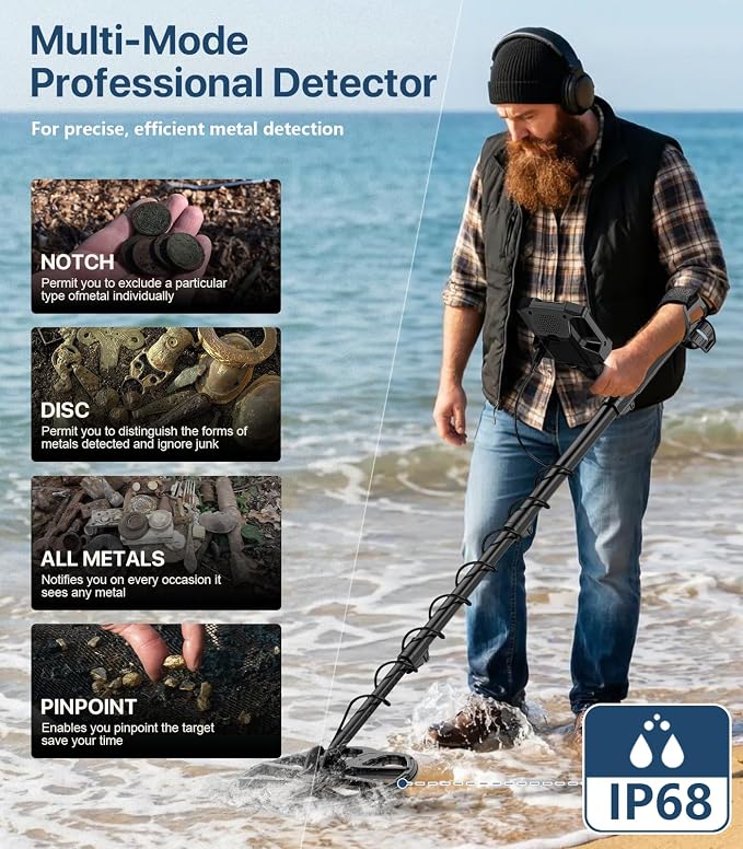 Metal Detector, Professional Metal Detector for Adults With High Accuracy 12.8" IP68 Waterproof Search Coil, Advanced DSP Chip, All Metal & Disc Modes for Beach&Outdoor Treasure Hunting, Gifts for Men