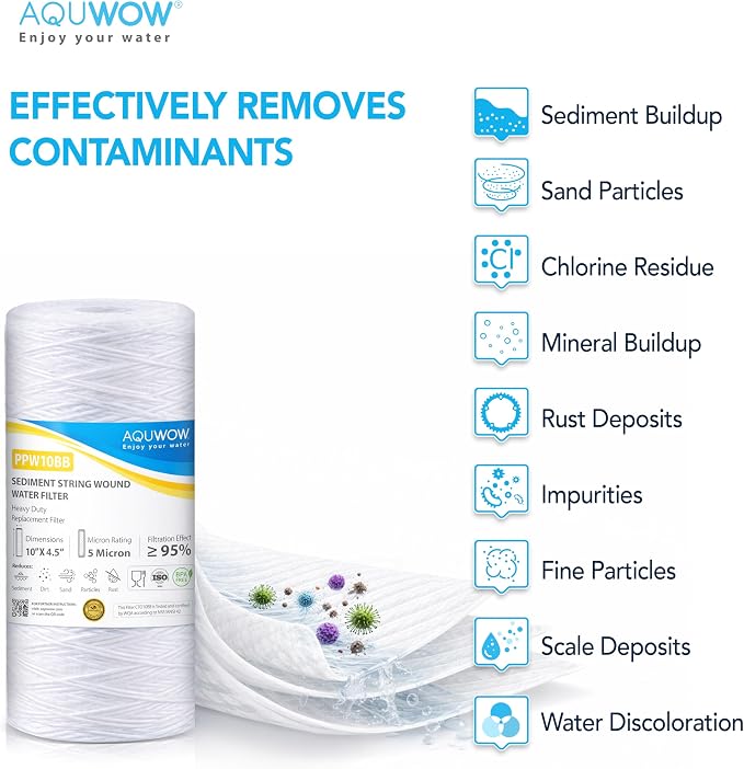 PPW10BB 5 Micron 4.5" x 10" String Wound Sediment Filter Set – Replacement Cartridges for Whole House & Under Sink Systems, Durable Depth Filtration (2, 10 x 4.5)