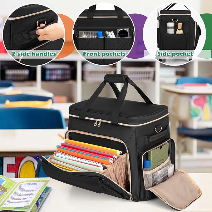 LUXJA Rolling Teacher Bag with Laptop Compartment and Detachable Dolly, Multifunctional Rolling Briefcase with Accordion File Area (Patented), Black