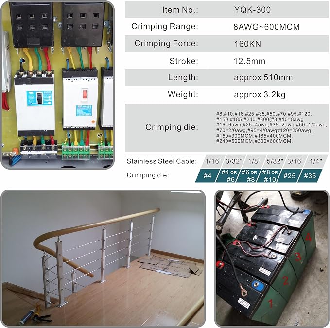 AMZCNC Industrial Hydraulic Cable Lug Crimper 16 Ton 9 AWG to 600 MCM Electrical Terminal Cable Wire Tool Kit Includes 13 Pairs of Die Sets