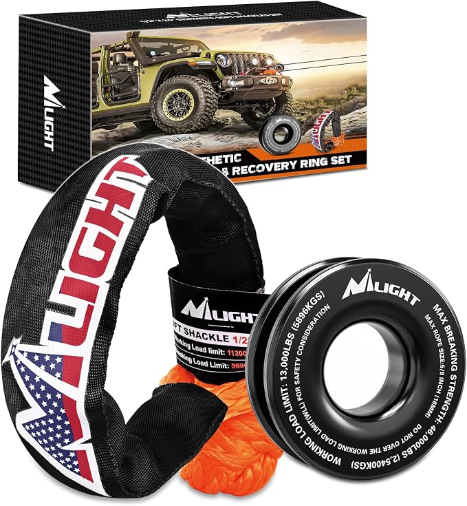 Nilight Synthetic Soft Shackle & Recovery Ring Kit 1/2inch x 24inch Soft Shackle (56,000 LBS Breaking Strength) with Snatch Ring (46,000 LBS MBS) for 4x4 Truck SUV ATV Off Road, 2 Years Warranty