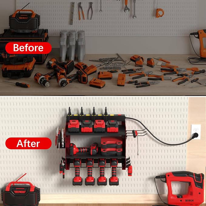 Power Tool Organizer Wall Mount with Charging Station & 8 Outlet,3 Layer Heavy Duty Metal Rack Holds 200lbs for Garage Organization,4 Cordless Drill Holders,Day Gift for Men,Dark Red