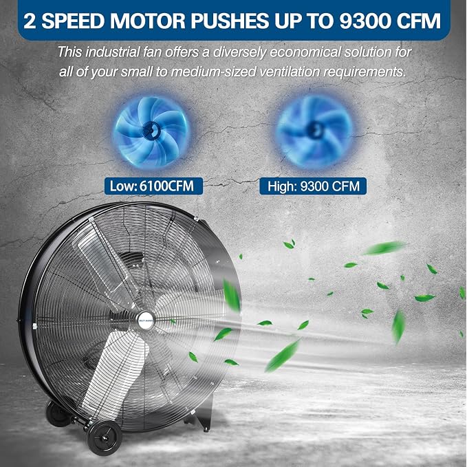 BILT HARD 30" High Velocity Drum Fan, 2-Speed 9300 CFM Heavy Duty Industrial Shop Fan for Workshop, Garage, Warehouse, Commercial & Basement, UL Listed