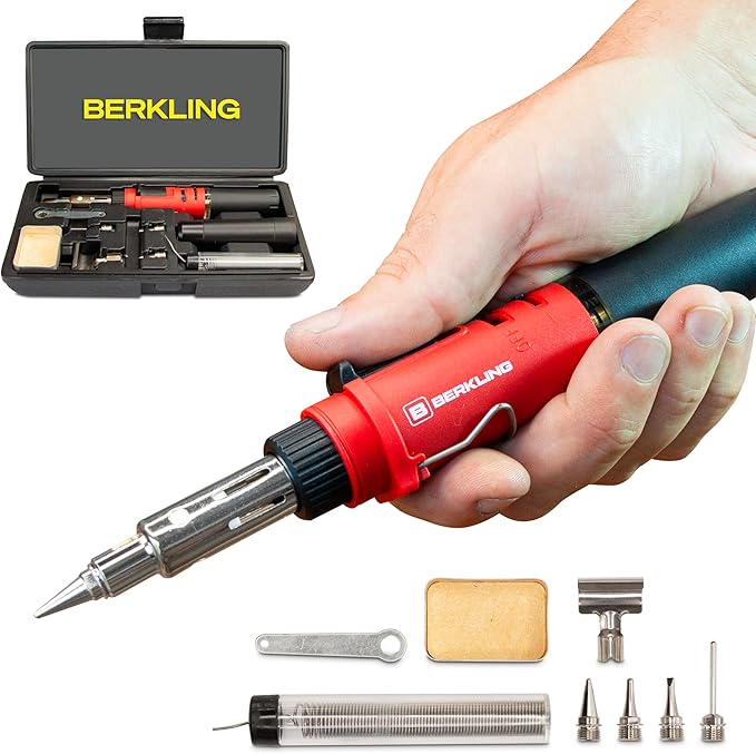 Berkling BSG-568 Butane Soldering Iron Kit - Self-Ignite, Instant Start, Portable Cordless Welding Micro Solder Torch Heat Gun Includes 5 Tips, 15g 60/40 Rosin Core Solder Wire, Mini Wrench, Sponge