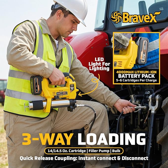 Bravex Electric Grease Gun, Battery Powered 12,000 PSI Cordless Grease Gun, 40” High Pressure Long Hose W/Quick Release Coupler Rechargeable Battery Pack