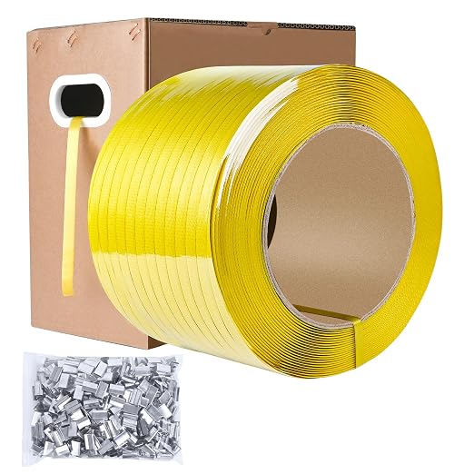MYFAMIREA Heavy Duty Packaging Strapping, 1/2" x 3500FT Polypropylene Plastic Packaging Strapping, 300 Metal Seals, for Pallets, Logistics, Warehouse, Box Packaging and Shipping, Yellow