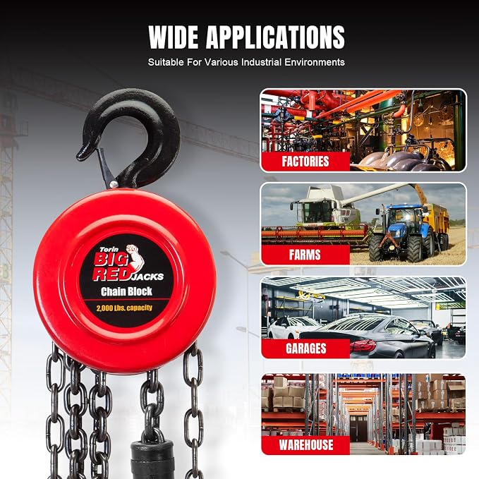 BIG RED Hand Chain Hoist 1 Ton 2000 Lbs Capacity 8ft/2.5m Torin Manual Chain Fall with 2 Heavy Duty Hooks, for Warehouse Automotive Machinery, Red, ATR9010R