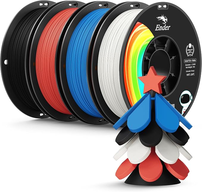 Creality Matte PLA Plus Filament 1.75mm, Low Warping, Minimal Layer Lines, Dimensional Accuracy +/- 0.02mm, 4kg (8.8lb) 3D Printer PLA+ Filament Bundle, Matte Black+White+Red+Aqua Blue