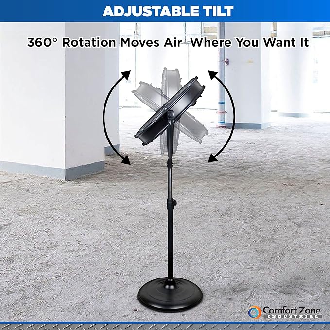 Comfort Zone 20-Inch High-Velocity Industrial Pedestal Fan – Heavy-Duty All-Metal Shop Fan with Aluminum Blades, 3-Speed Slim Profile Stand Fan, 180° Tilt & Adjustable Height for Garage or Warehouse