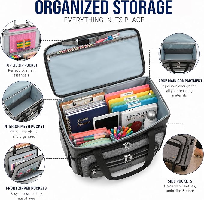Upgraded Rolling Bag with Detachable Dolly, Heavy Duty Wheeled Teacher Bag, Multifunctional Rolling Briefcase for Work, Office, Craft Storage & Travel (Grey)