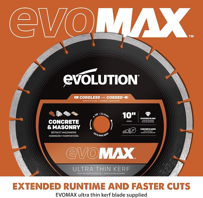 Evolution R10DCT-Li Cordless 10" Concrete Saw | Includes 2x 5Ah Batteries, Dual-Port Charger & EVOMAX Diamond Blade | 4" Cut Depth | Auto Water Dust Suppression | 40V Brushless | Heavy-Duty Cutting