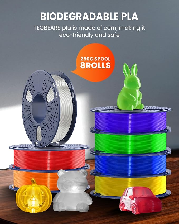 TECBEARS Translucent PLA 3D Printer Filament, PLA Filament Bundle, 0.25kg Each Spool, Total 2kg, 8 Packs, Black+White+Transparent (Red,Purple,Orange,Blue,Yellow,Green)