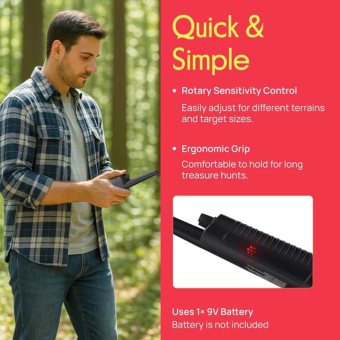 Pyle Handheld Metal Detector Pinpointer– Waterproof Submersible Probe, Adjustable Sensitivity,LED & Vibration Alerts,Low Battery Indicator,Automatic Power Off – Perfect for Ground, Dirt, Sand & Water