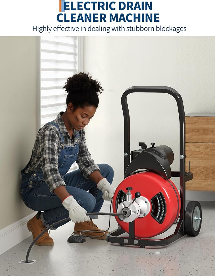 Drain Cleaner Machine 100FT x 1/2 Inch Steel Core Cable Portable 370W Electric Drain Cleaning Machine With Sewer Auger, Cutter, Air-activated Foot Switch, Wheels for Commercial, Home
