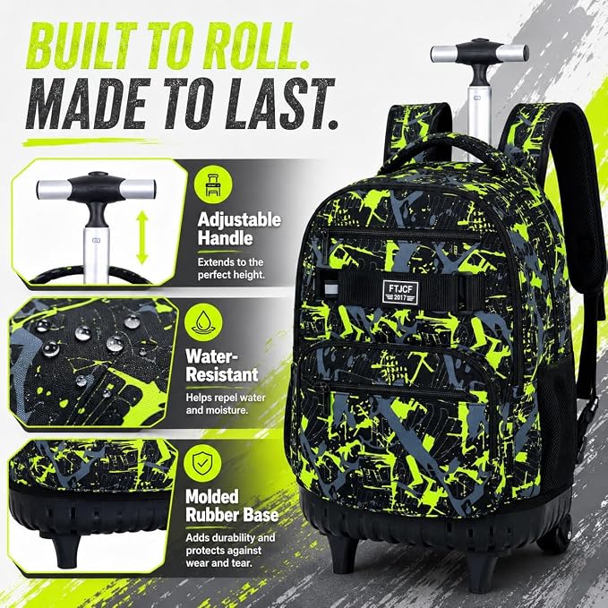 3Pcs Rolling Backpack for Boys Men, Travel Roller Backpacks with Wheels for Adults, Teens College Graffiti Wheeled Bookbag with Lunch Box(Green)