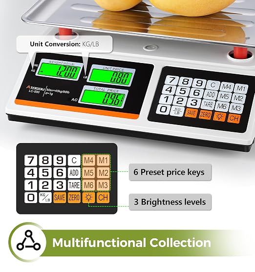 Atogou 1g Resolution Price Computing Scale with Dual-Sided Display, 88lb Commercial Food Kitchen Scale with Preset Price Keys, Plug-in or rechargeable,for Produce, Farmers Markets, Meat(Not for Trade)