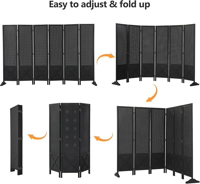 VINGLI Freestanding Pegboard with Support Feet, 5 FT Wood Room Divider Display Board Organizer, Folding Privacy Screen Partition Space Separator for Craft Shows Events Retail (Black, 6 Panel)