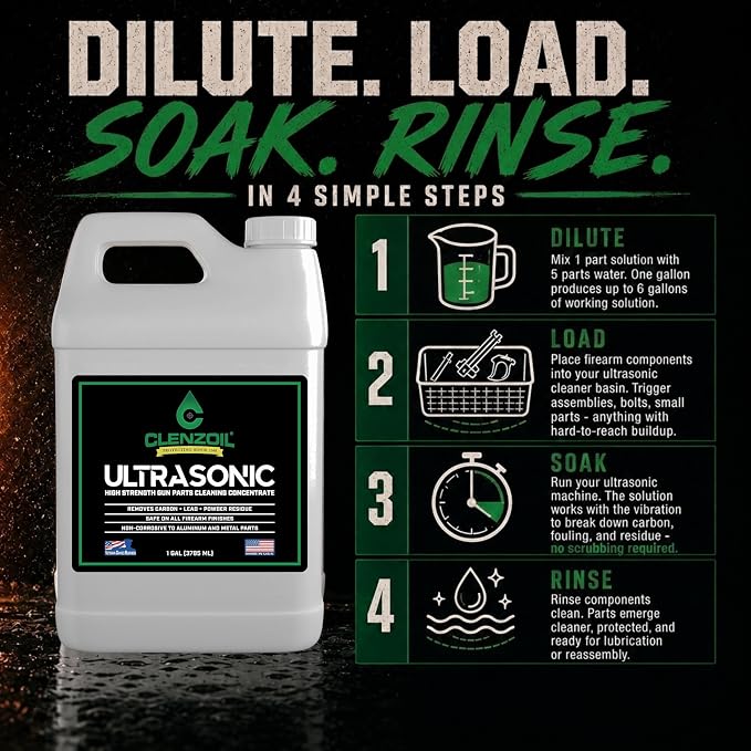 Clenzoil Ultrasonic Cleaner Solution for Firearms - 1 Gallon Concentrate | Removes Carbon, Lead & Powder Residue | Safe on All Metal | Non-Toxic | Field & Range | Dilutes 1:5 (Makes 6 Gallons)