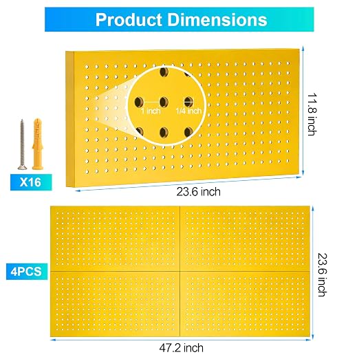 Metal Peg Board Panels 4 Pack, 24" x 12", Black, Yellow | Heavy Duty Rust-Proof Wall Board Panels, Sturdy Steel Storage Pegboard for Garage, Workshop & Craft Room Organizer