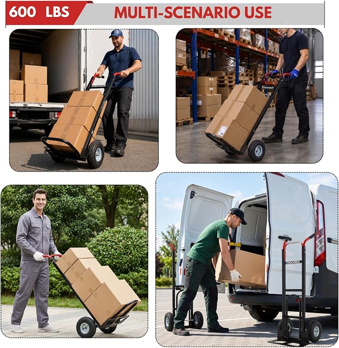 600 lbs Aluminum Hand Truck & Heavy Duty Dolly for Moving, Industrial Utility Cart with 10-Inch All-Terrain Pneumatic Tires, Secure Transport in Warehouse and Residential Use