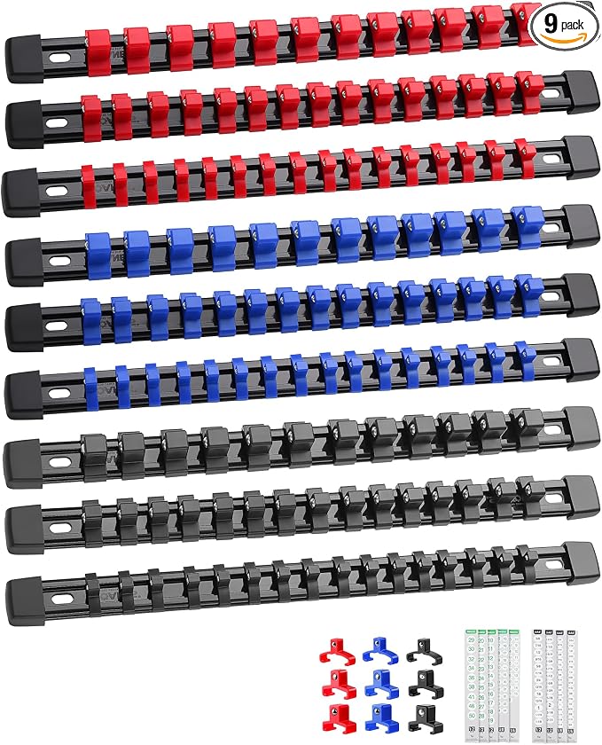ALOANES 9PC Socket Organizer, Socket Rails Fit 1/2", 1/4" and 3/8" Drive | Red&Black&Blue HeavyDuty ABS Socket Holders Hold up 129 Sockets for Toolbox Drawer Bags