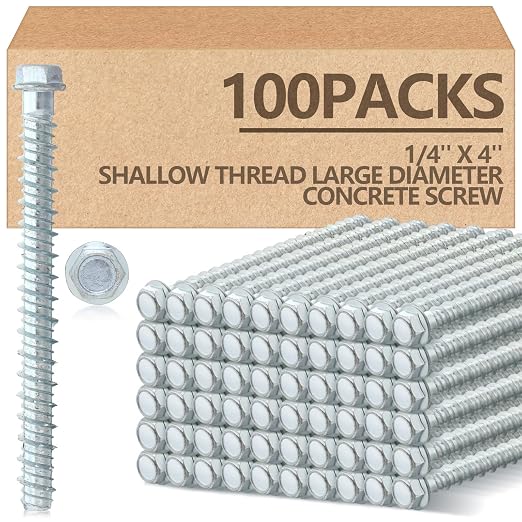 Tandefio 100 Pack 1/4 x 4 Concrete Screw Anchors Galvanized Large Diameter Heavy Duty Plated Concrete Anchors for Masonry Brick Anchoring Block Decking Framing Hex Drive