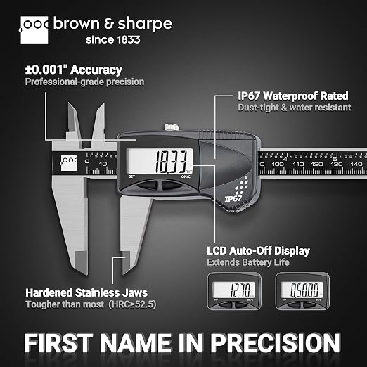 Brown & Sharpe 6" Digital Caliper, IP67 Stainless Steel, Large LCD Display, Locking Screw, ABS/DIFF Measurement, Inch & Millimeter Conversion, High-Contrast Readings