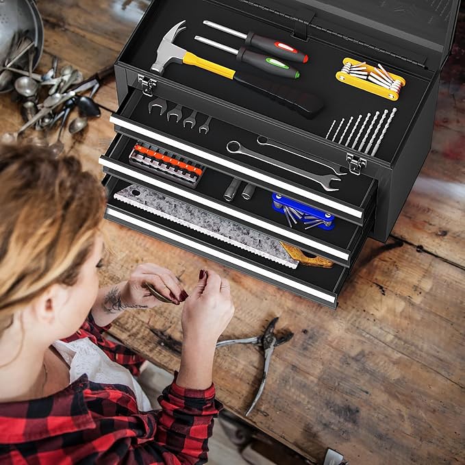 ERGOMASTER Portable Tool Box, Metal Tool Box with 3 Drawers, Lockable Heavy Duty Tool Chest Storage Toolbox for Garage, Workshop (Black)