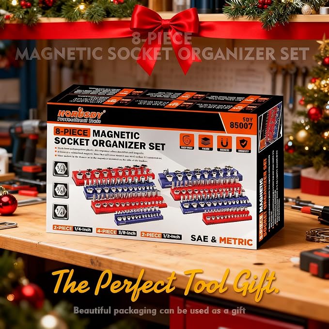 HORUSDY 8-Piece Magnetic Socket Organizer Set, Magnet Socket Holder, 1/4", 3/8", 1/2" Socket Holds 199 Pieces Magnetic Trays. (8-Piece Organizer Set)