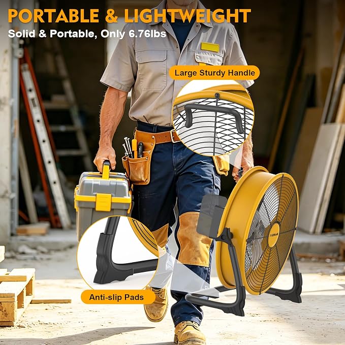 16" Battery Operated Floor Fan Compatible with Dewalt 20V Max Battery, High Velocity AC DC Portable Fan with USB Output, Metal Blade Cordless Jobsite Fan for Garage, Camping, Workshop, Emergency Use