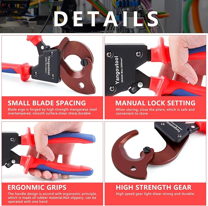 Yangoutool Ratchet Cable Cutter Heavy Duty for Copper and Aluminum Cables, 240mm² Capacity, Sharp Polished Edges, Ideal for Cutting Large Armored Electrical Wires, Perfect for Electricians