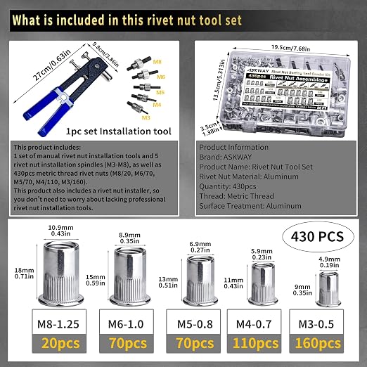 Pressure Rivet Nut Tool Kit, 430Pcs Aluminum Rivet Nut Combination (M8/M6/M5/M4/M3), Suitable for Furniture, Decoration, Automotive, Marine and Industrial Applications