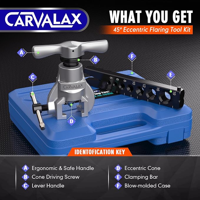 CARVALAX 45° Eccentric Flaring Tool Kit for Copper, Brass, and Aluminum Tubing, Single Flaring Bar with 7 Dies (5mm to 19 mm), for HVAC, Refrigeration,and Brake Lines, Heavy Duty with Case (Metric)